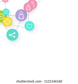 Social media marketing, Communication networking concept. Random icons social media services tags linked on white background. Comment, friend, like, share, target, message. Vector Internet concept.