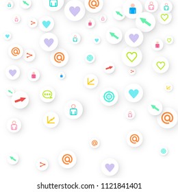 Social media marketing, Communication networking concept. Random icons social media services tags linked on white background. Comment, friend, like, share, target, message. Vector Internet concept.