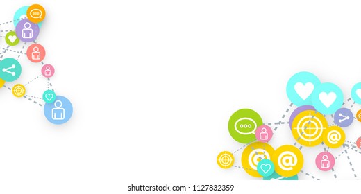 Social media marketing, Communication networking concept. Random icons social media services tags linked on white background. Comment, friend, like, share, target, message. Vector Internet concept.