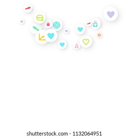 Social media marketing, Communication networking concept. Random icons social media services tags linked on white background. Comment, friend, like, share, target, message. Vector Internet concept.