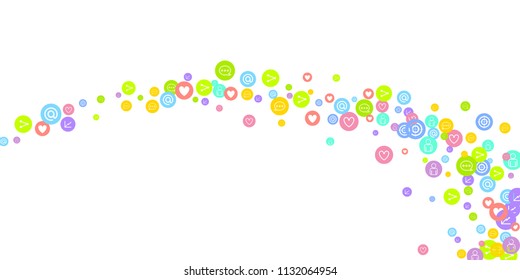 Social media marketing, Communication networking concept. Random icons social media services tags linked on white background. Comment, friend, like, share, target, message. Vector Internet concept.