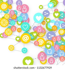 Social media marketing, Communication networking concept. Random icons social media services tags linked on white background. Comment, friend, like, share, target, message. Vector Internet concept.