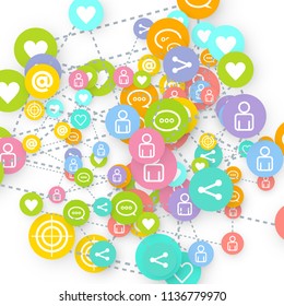 Social media marketing, Communication networking concept. Random icons social media services tags linked on white background. Comment, friend, like, share, target, message. Vector Internet concept.