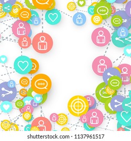 Social media marketing, Communication networking concept. Random icons social media services tags linked on white background. Comment, friend, like, share, target, message. Vector Internet concept.