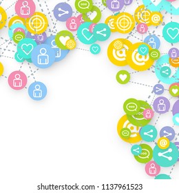 Social media marketing, Communication networking concept. Random icons social media services tags linked on white background. Comment, friend, like, share, target, message. Vector Internet concept.
