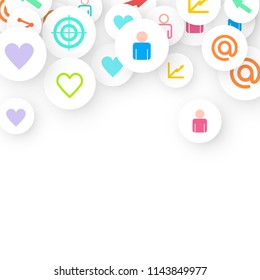 Social media marketing, Communication networking concept. Random icons social media services tags linked on white background. Comment, friend, like, share, target, message. Vector Internet concept.