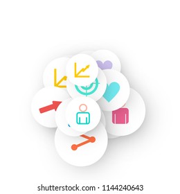 Social media marketing, Communication networking concept. Random icons social media services tags linked on white background. Comment, friend, like, share, target, message. Vector Internet concept.