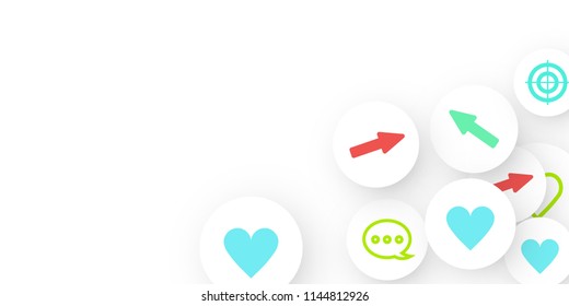 Social media marketing, Communication networking concept. Random icons social media services tags linked on white background. Comment, friend, like, share, target, message. Vector Internet concept.
