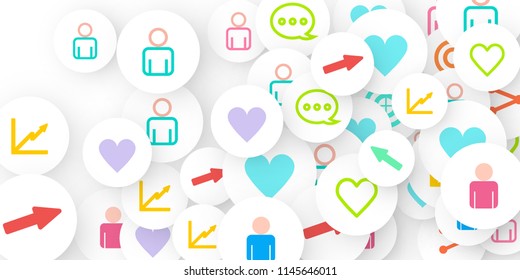 Social media marketing, Communication networking concept. Random icons social media services tags linked on white background. Comment, friend, like, share, target, message. Vector Internet concept.
