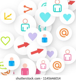 Social media marketing, Communication networking concept. Random icons social media services tags linked on white background. Comment, friend, like, share, target, message. Vector Internet concept.