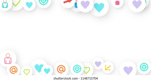 Social media marketing, Communication networking concept. Random icons social media services tags linked on white background. Comment, friend, like, share, target, message. Vector Internet concept.
