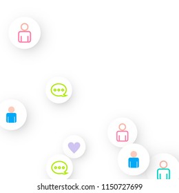 Social media marketing, Communication networking concept. Random icons social media services tags linked on white background. Comment, friend, like, share, target, message. Vector Internet concept.