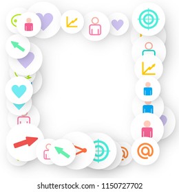 Social media marketing, Communication networking concept. Random icons social media services tags linked on white background. Comment, friend, like, share, target, message. Vector Internet concept.