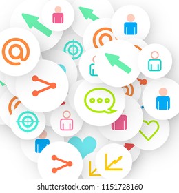 Social media marketing, Communication networking concept. Random icons social media services tags linked on white background. Comment, friend, like, share, target, message. Vector Internet concept.