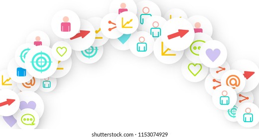 Social media marketing, Communication networking concept. Random icons social media services tags linked on white background. Comment, friend, like, share, target, message. Vector Internet concept.