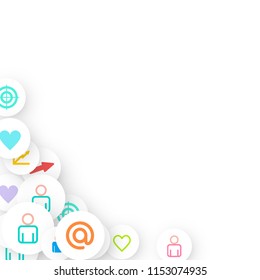 Social media marketing, Communication networking concept. Random icons social media services tags linked on white background. Comment, friend, like, share, target, message. Vector Internet concept.