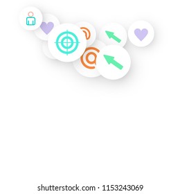 Social media marketing, Communication networking concept. Random icons social media services tags linked on white background. Comment, friend, like, share, target, message. Vector Internet concept.