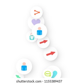 Social media marketing, Communication networking concept. Random icons social media services tags linked on white background. Comment, friend, like, share, target, message. Vector Internet concept.