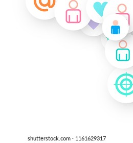 Social media marketing, Communication networking concept. Random icons social media services tags linked on white background. Comment, friend, like, share, target, message. Vector Internet concept.