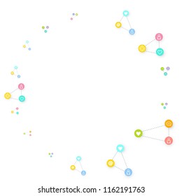Social media marketing, Communication networking concept. Random icons social media services tags linked on white background. Comment, friend, like, share, target, message. Vector Internet concept.
