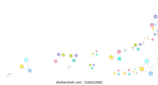 Social media marketing, Communication networking concept. Random icons social media services tags linked on white background. Comment, friend, like, share, target, message. Vector Internet concept.
