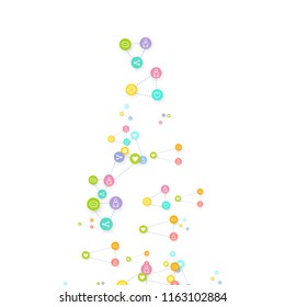 Social media marketing, Communication networking concept. Random icons social media services tags linked on white background. Comment, friend, like, share, target, message. Vector Internet concept.