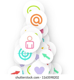 Social media marketing, Communication networking concept. Random icons social media services tags linked on white background. Comment, friend, like, share, target, message. Vector Internet concept.