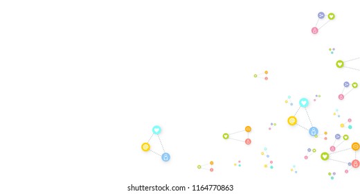 Social media marketing, Communication networking concept. Random icons social media services tags linked on white background. Comment, friend, like, share, target, message. Vector Internet concept.