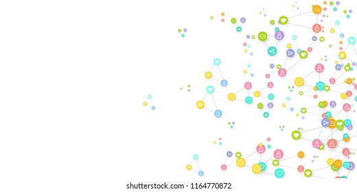 Social media marketing, Communication networking concept. Random icons social media services tags linked on white background. Comment, friend, like, share, target, message. Vector Internet concept.