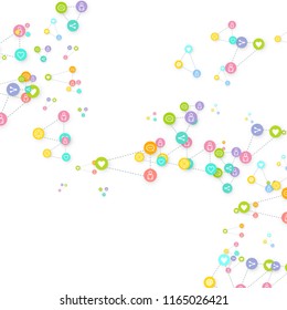 Social media marketing, Communication networking concept. Random icons social media services tags linked on white background. Comment, friend, like, share, target, message. Vector Internet concept.