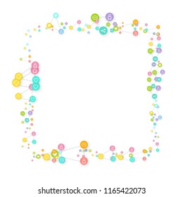 Social media marketing, Communication networking concept. Random icons social media services tags linked on white background. Comment, friend, like, share, target, message. Vector Internet concept.