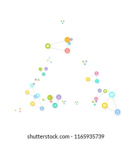 Social media marketing, Communication networking concept. Random icons social media services tags linked on white background. Comment, friend, like, share, target, message. Vector Internet concept.