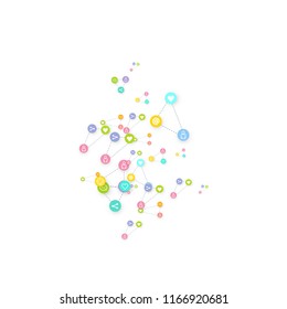 Social media marketing, Communication networking concept. Random icons social media services tags linked on white background. Comment, friend, like, share, target, message. Vector Internet concept.
