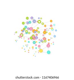 Social media marketing, Communication networking concept. Random icons social media services tags linked on white background. Comment, friend, like, share, target, message. Vector Internet concept.
