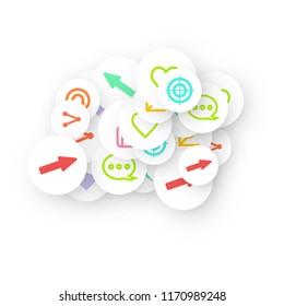 Social media marketing, Communication networking concept. Random icons social media services tags linked on white background. Comment, friend, like, share, target, message. Vector Internet concept.