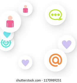 Social media marketing, Communication networking concept. Random icons social media services tags linked on white background. Comment, friend, like, share, target, message. Vector Internet concept.