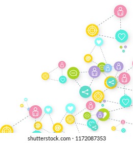 Social media marketing, Communication networking concept. Random icons social media services tags linked on white background. Comment, friend, like, share, target, message. Vector Internet concept.