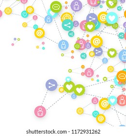 Social media marketing, Communication networking concept. Random icons social media services tags linked on white background. Comment, friend, like, share, target, message. Vector Internet concept.