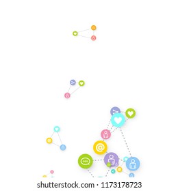 Social media marketing, Communication networking concept. Random icons social media services tags linked on white background. Comment, friend, like, share, target, message. Vector Internet concept.