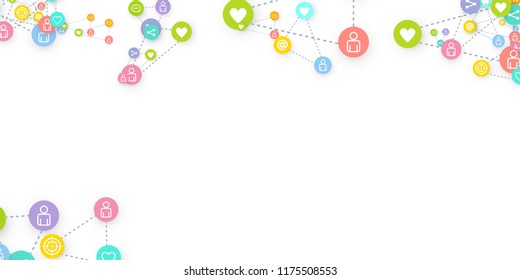 Social media marketing, Communication networking concept. Random icons social media services tags linked on white background. Comment, friend, like, share, target, message. Vector Internet concept.