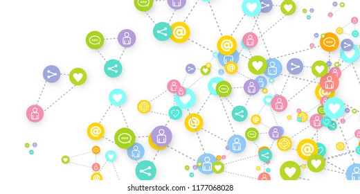 Social media marketing, Communication networking concept. Random icons social media services tags linked on white background. Comment, friend, like, share, target, message. Vector Internet concept.