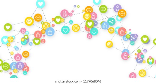 Social media marketing, Communication networking concept. Random icons social media services tags linked on white background. Comment, friend, like, share, target, message. Vector Internet concept.