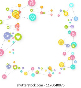 Social media marketing, Communication networking concept. Random icons social media services tags linked on white background. Comment, friend, like, share, target, message. Vector Internet concept.