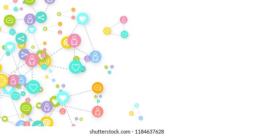 Social media marketing, Communication networking concept. Random icons social media services tags linked on white background. Comment, friend, like, share, target, message. Vector Internet concept.