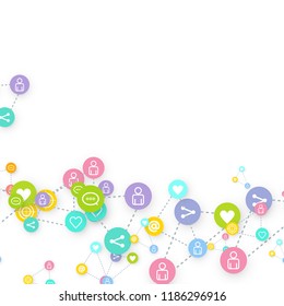 Social media marketing, Communication networking concept. Random icons social media services tags linked on white background. Comment, friend, like, share, target, message. Vector Internet concept.