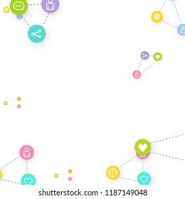 Social media marketing, Communication networking concept. Random icons social media services tags linked on white background. Comment, friend, like, share, target, message. Vector Internet concept.