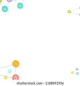 Social media marketing, Communication networking concept. Random icons social media services tags linked on white background. Comment, friend, like, share, target, message. Vector Internet concept.