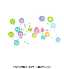 Social media marketing, Communication networking concept. Random icons social media services tags linked on white background. Comment, friend, like, share, target, message. Vector Internet concept.