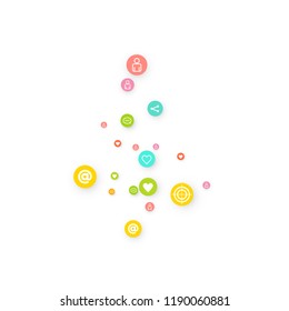 Social media marketing, Communication networking concept. Random icons social media services tags linked on white background. Comment, friend, like, share, target, message. Vector Internet concept.