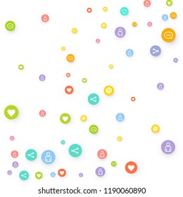 Social media marketing, Communication networking concept. Random icons social media services tags linked on white background. Comment, friend, like, share, target, message. Vector Internet concept.